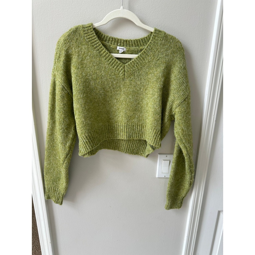 Garage Olive Green Cropped V-Neck Sweater